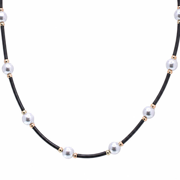 Gold Plated 925 Sterling Silver Grey Pearl & Black Rubber Spacer Necklace - SPN00044