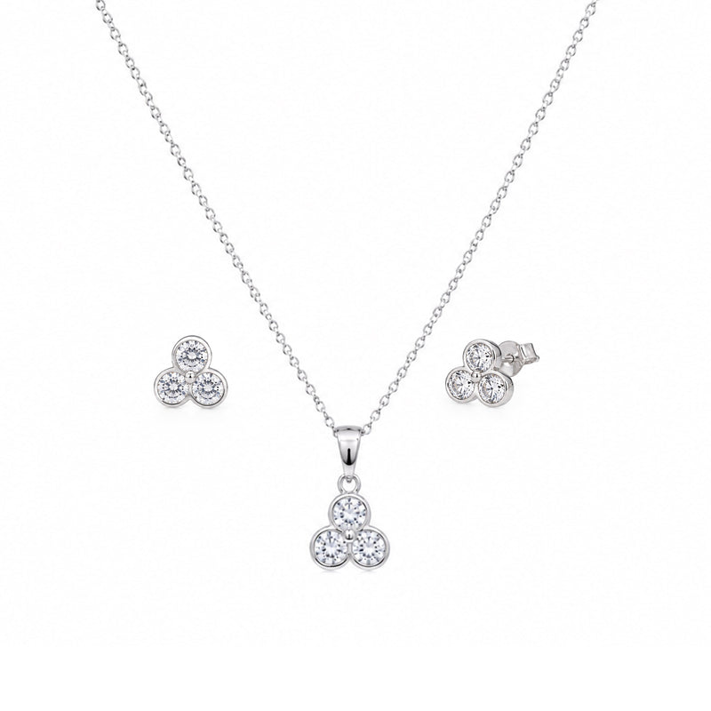 Rhodium Plated 925 Silver Trefoil CZ Stud Earring and Necklace Set - STS00013