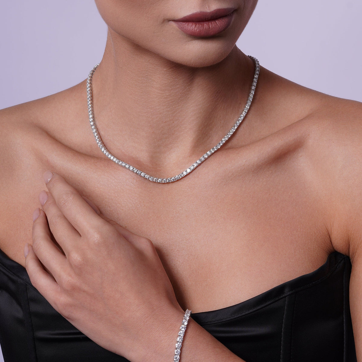 Rhodium Plated 925 Sterling Silver Moissanite Stone 2.2mm Tennis Necklace or Bracelet - MGMN00249 | MGMB00249