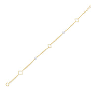 14KB0010. - 14 Karat Yellow Gold Fresh Water Pearl Diamond Cut Square Charms Adjustable Bracelet