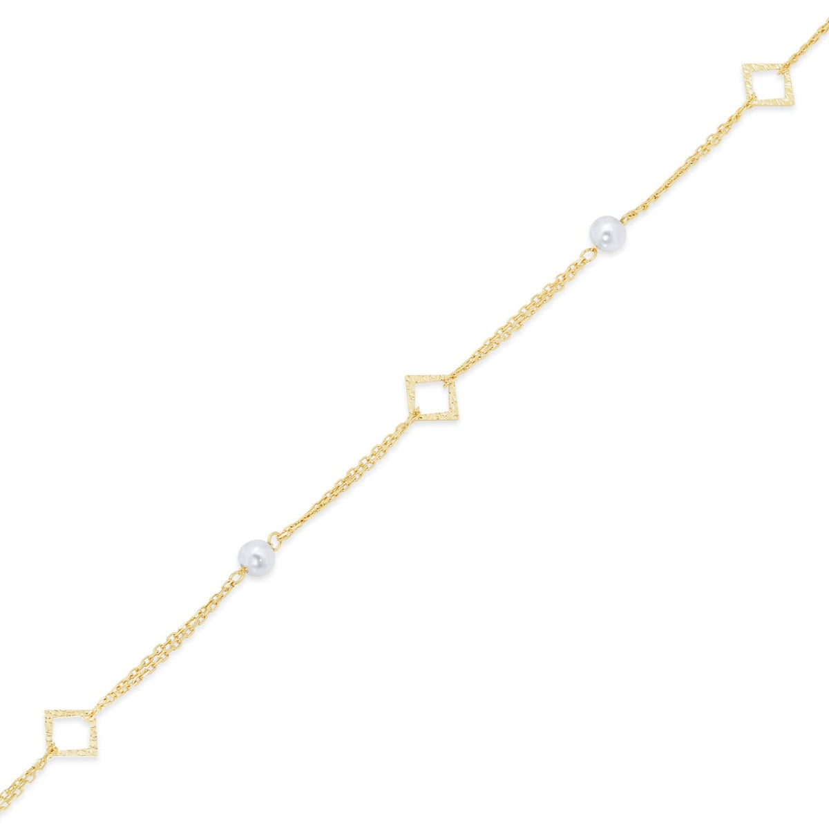 14KB0010. - 14 Karat Yellow Gold Fresh Water Pearl Diamond Cut Square Charms Adjustable Bracelet