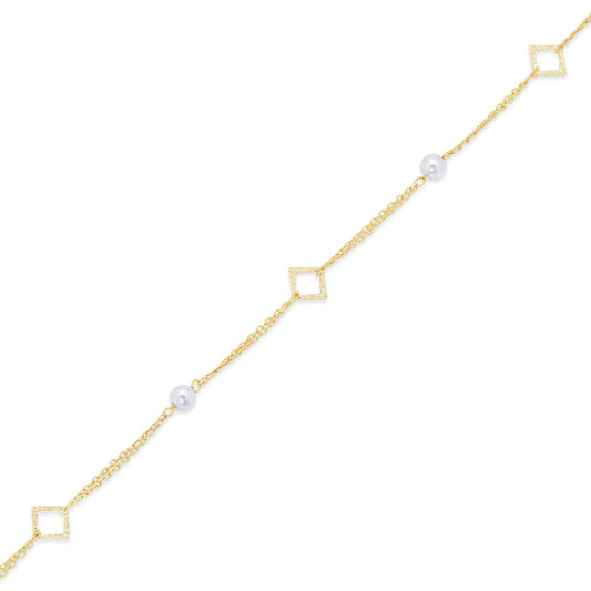 14KB0010. - 14 Karat Yellow Gold Fresh Water Pearl Diamond Cut Square Charms Adjustable Bracelet