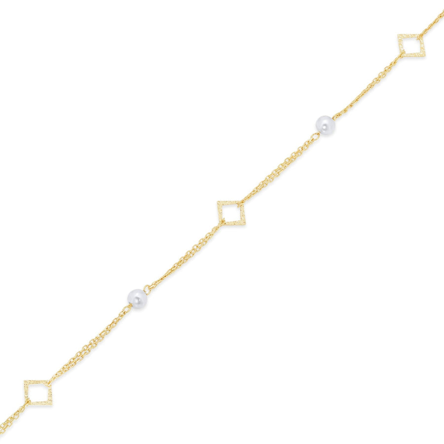 14KB0010. - 14 Karat Yellow Gold Fresh Water Pearl Diamond Cut Square Charms Adjustable Bracelet