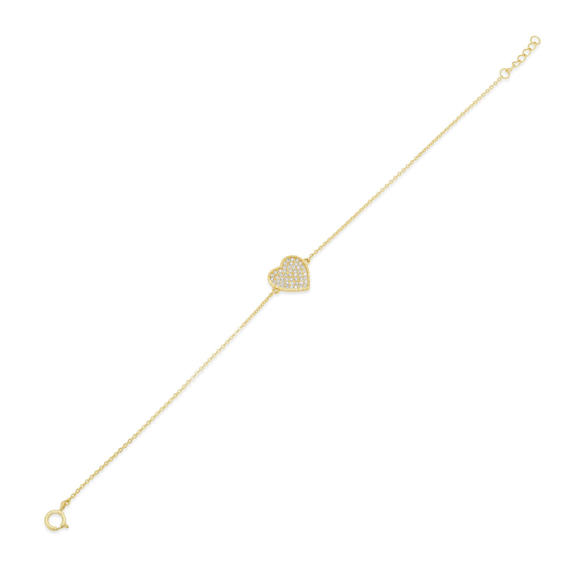 14KB0011. - 14 Karat Yellow Gold Diamond Cut Heart Studded CZ Charm Adjustable Bracelet