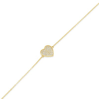 14KB0011. - 14 Karat Yellow Gold Diamond Cut Heart Studded CZ Charm Adjustable Bracelet