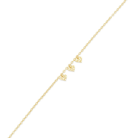 14KB0012. - 14 Karat Yellow Gold Three Diamond Cut Heart Charm Adjustable Bracelet