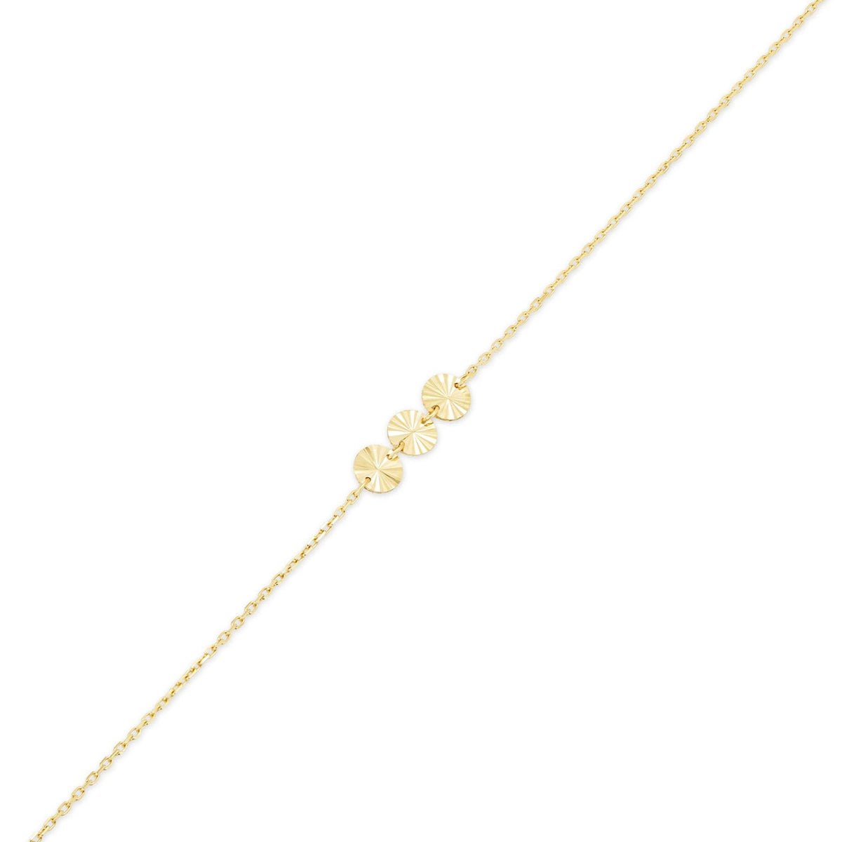 14KB0016. - 14 Karat Yellow Gold Three Diamond Cut Round Charm Adjustable Bracelet