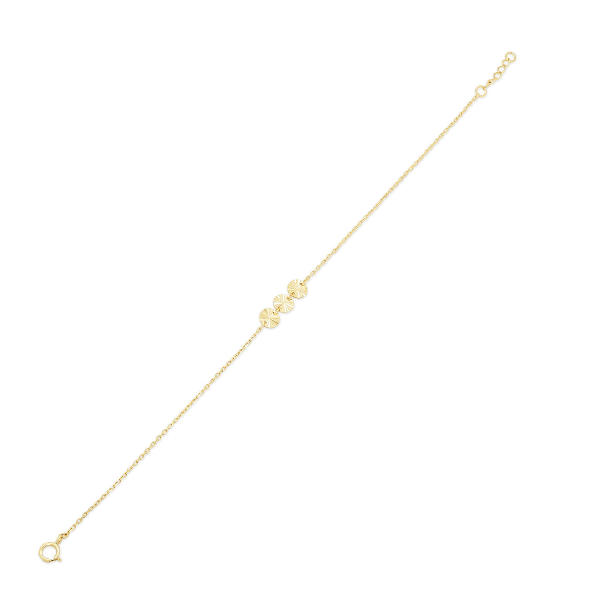 14KB0016. - 14 Karat Yellow Gold Three Diamond Cut Round Charm Adjustable Bracelet