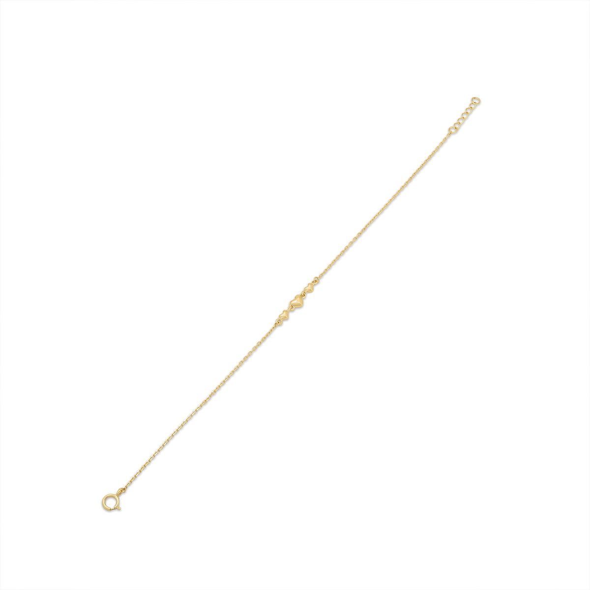 14KB0018. - 14 Karat Yellow Gold Three Hearts Charm Adjustable Bracelet