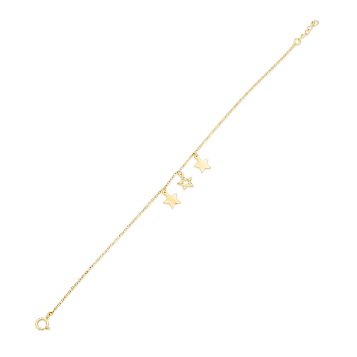 14KB0019. - 14 Karat Yellow Gold Three Stars Diamond Cut Charm Adjustable Bracelet