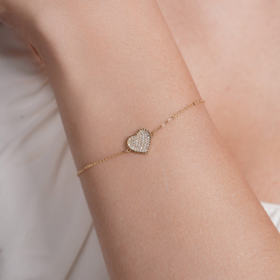 14KB0011. - 14 Karat Yellow Gold Diamond Cut Heart Studded CZ Charm Adjustable Bracelet