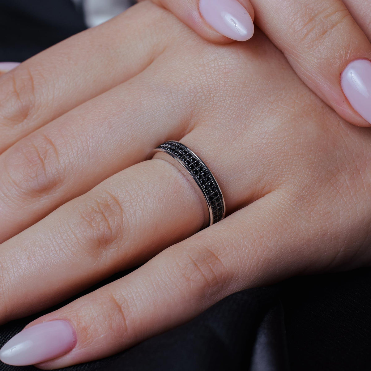 Silver 925 Rhodium Plated Half Micro Pave Black CZ Ring - ACR00052