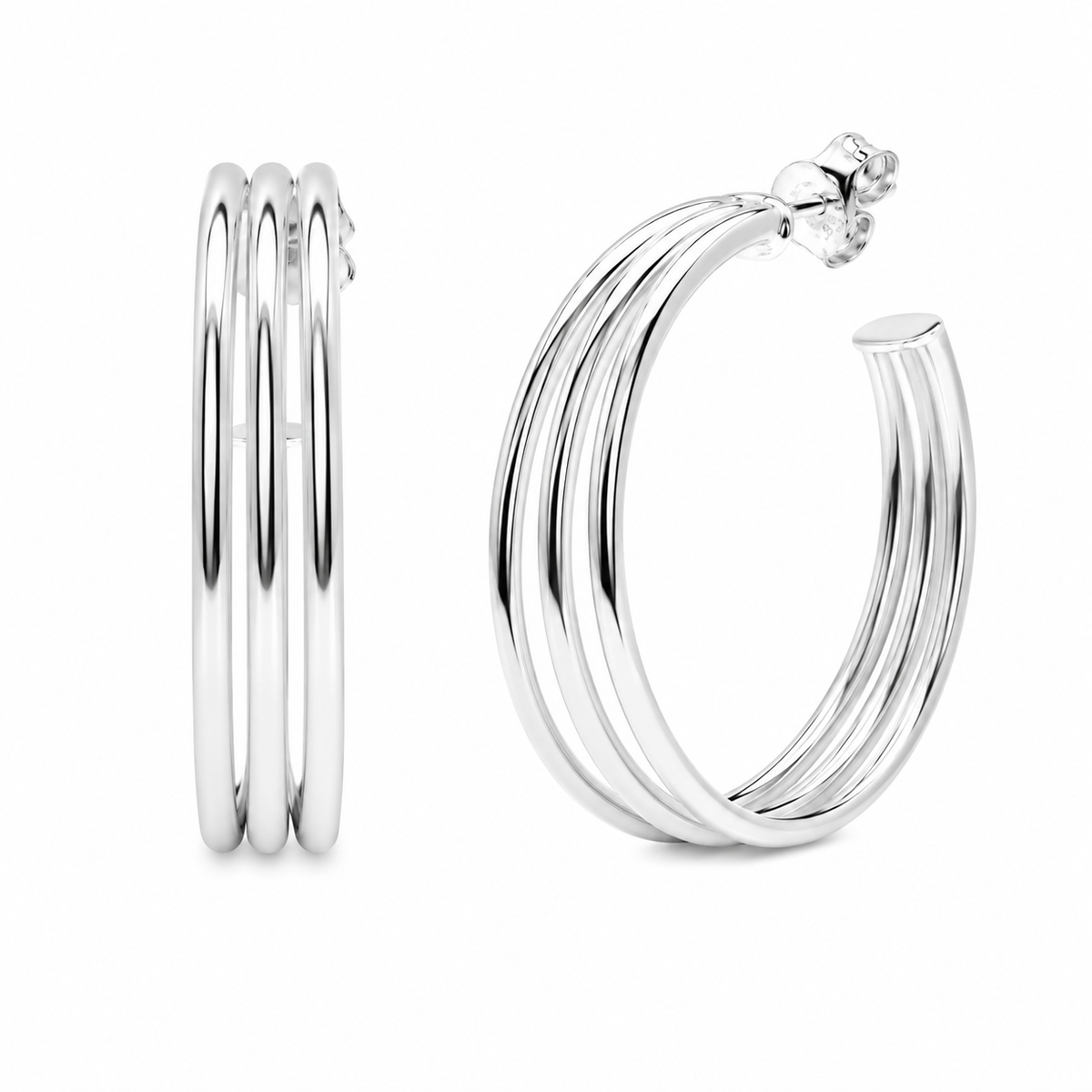 925 Sterling Silver Silver Multi-Row Ribbed Hoop Earrings - ARE00052