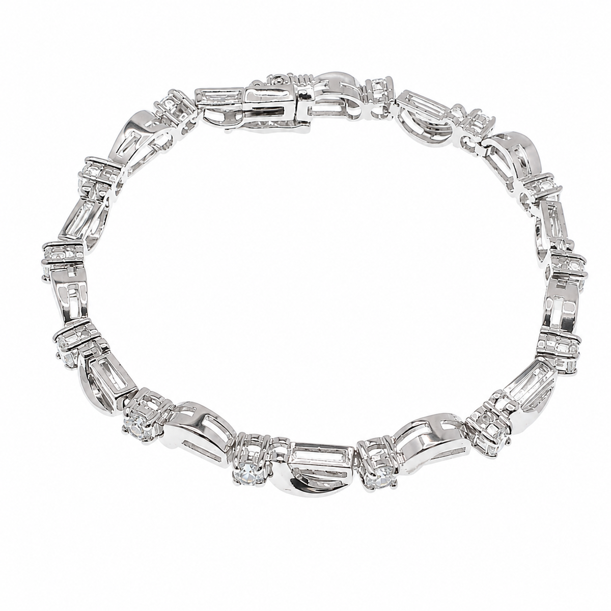 Clearance - Rhodium Plated 925 Silver Wave & Bar Link CZ Tennis Bracelet - B00016