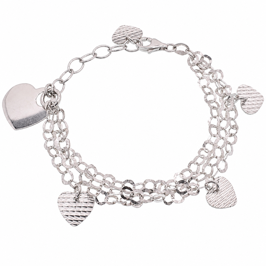 Rhodium Plated 925 Sterling Silver Multi Strand & Hearts Dangling Charm Bracelet - B00022