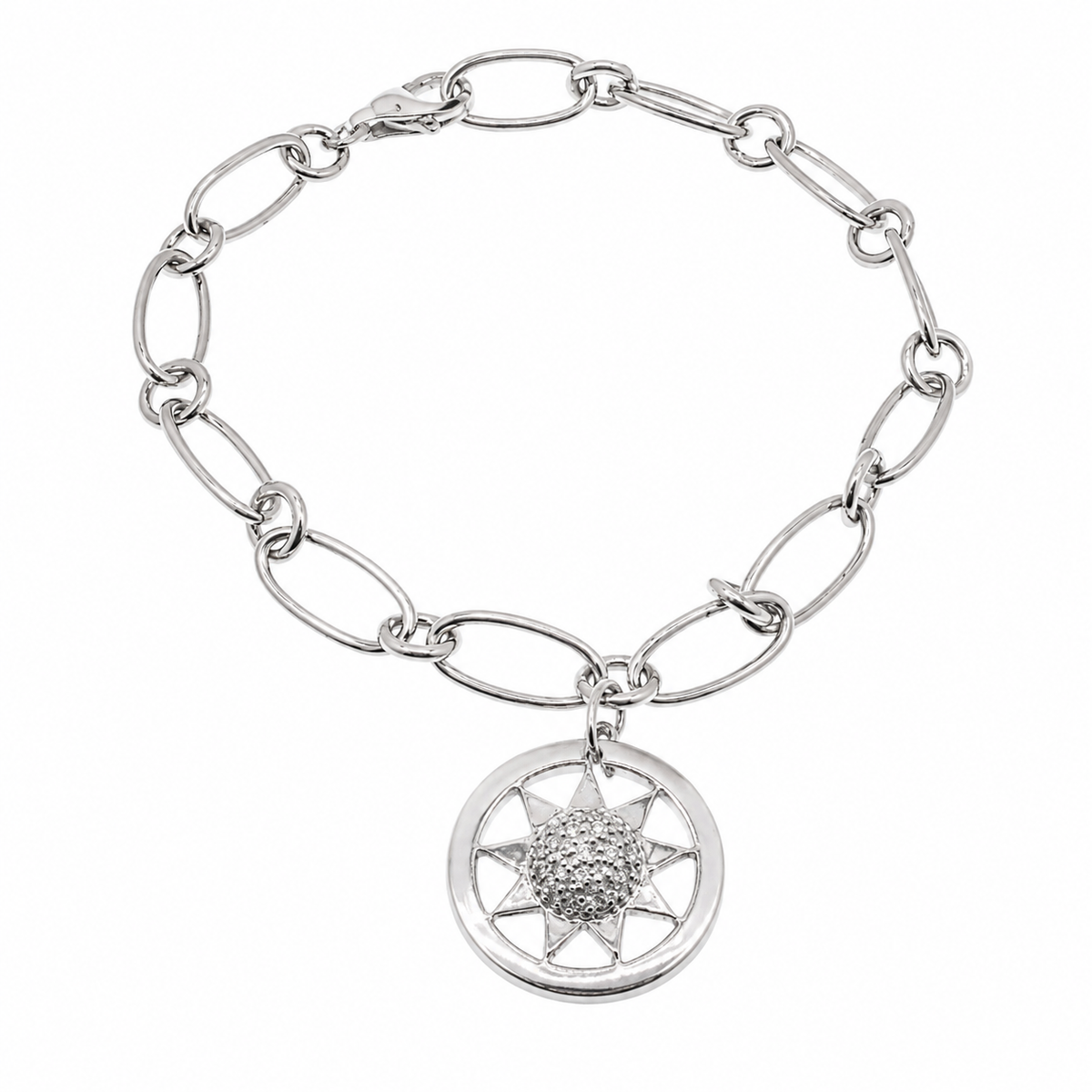Rhodium Plated 925 Silver CZ Sun Centered Link Bracelet - B00027