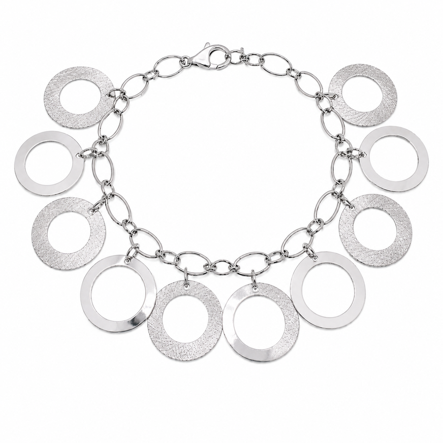 Rhodium Plated 925 Silver Multi Circle Charm Bracelet - B00032