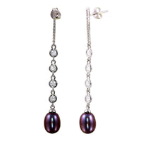 Rhodium Plated 925 Sterling Silver CZ Bar Fresh Water Black Pearl Drop Earrings - BGE00563