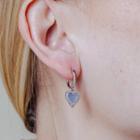 Rhodium Plated 925 Sterling Silver Dangling CZ Heart with Mother of Pearl huggie hoop Earring - BGE00676