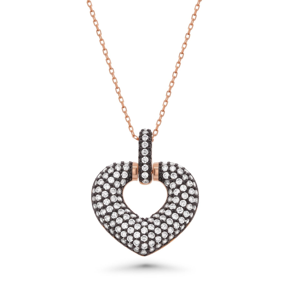 Clearance-Rose Gold Plated 925 Sterling Silver Black CZ Chunky Heart Pendant Necklace- BGP00637