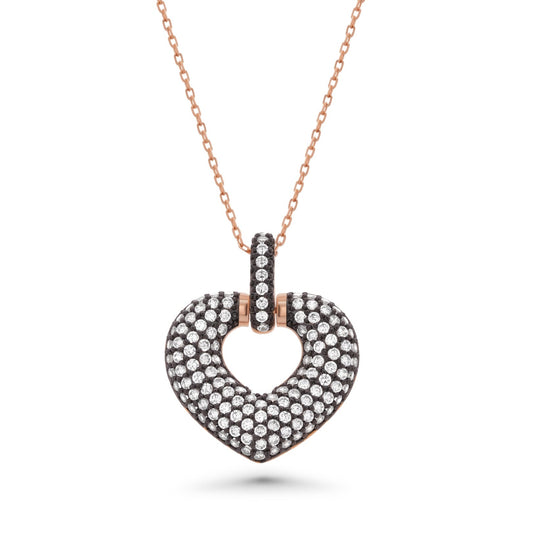 Clearance-Rose Gold Plated 925 Sterling Silver Black CZ Chunky Heart Pendant Necklace- BGP00637