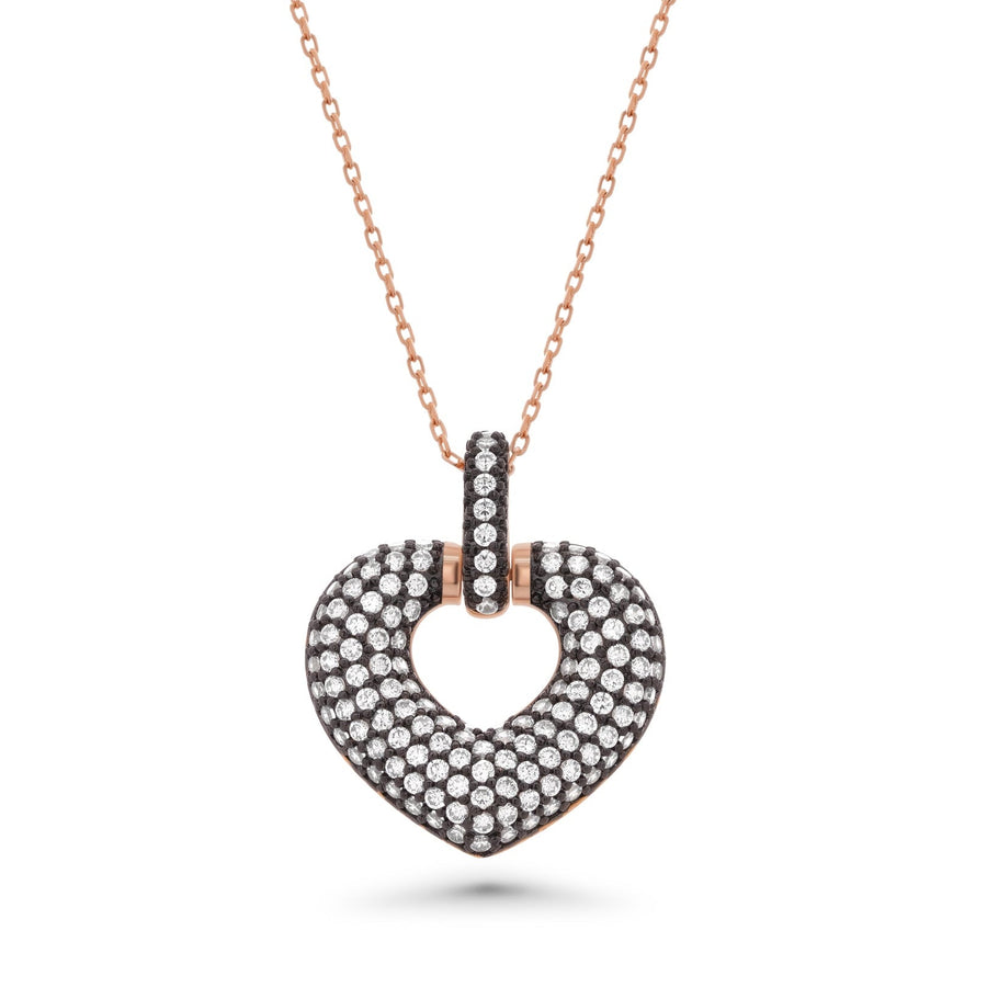 Clearance-Rose Gold Plated 925 Sterling Silver Black CZ Chunky Heart Pendant Necklace- BGP00637
