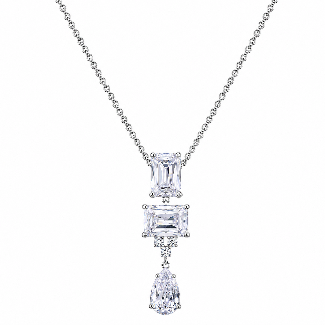 Rhodium Plated 925 Silver Multi Shape CZ Dangle Bridal Pendant Necklace - BGP00924