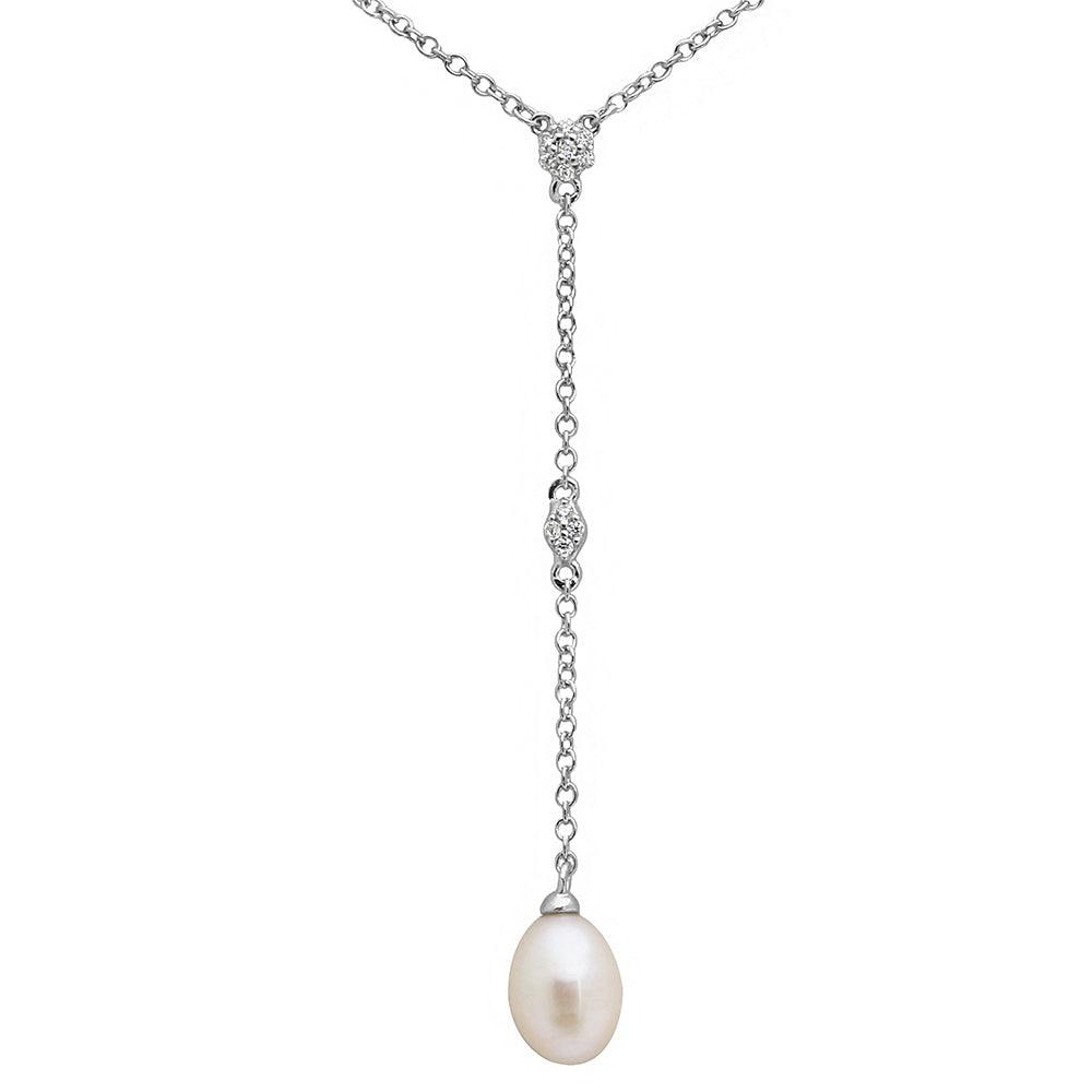 Rhodium Plated 925 Sterling Silver CZ Drop Fresh Water Pearl Necklace - BGP01138