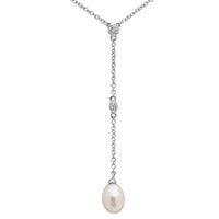 Rhodium Plated 925 Sterling Silver CZ Drop Fresh Water Pearl Necklace - BGP01138
