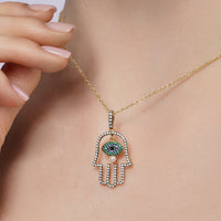Gold Plated 925 Sterling Silver Multi Color CZ & Pearl Hamsa Pendant Necklace- BGP01246