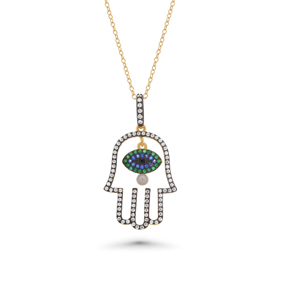 Gold Plated 925 Sterling Silver Multi Color CZ & Pearl Hamsa Pendant Necklace- BGP01246