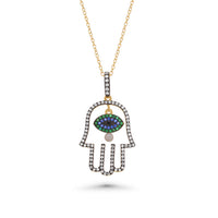 Gold Plated 925 Sterling Silver Multi Color CZ & Pearl Hamsa Pendant Necklace- BGP01246