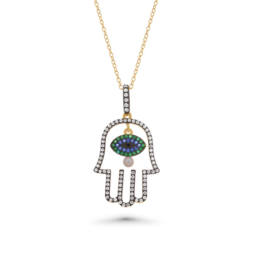 Gold Plated 925 Sterling Silver Multi Color CZ & Pearl Hamsa Pendant Necklace- BGP01246