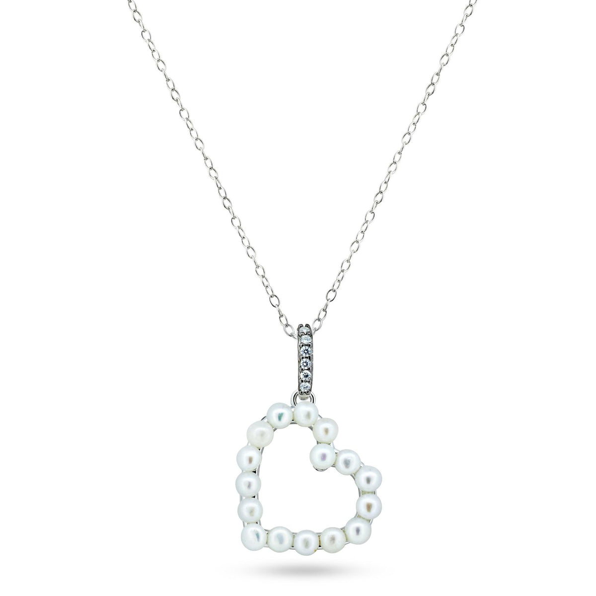 Rhodium Plated 925 Sterling Silver Pearl Heart Necklace - BGP01466