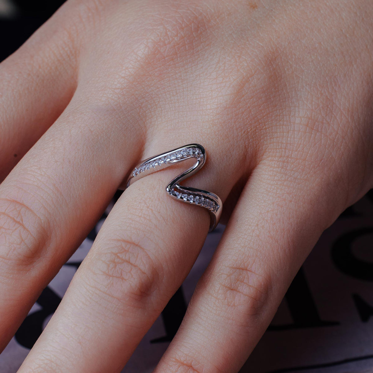 Rhodium Plated 925 Sterling Silver Double Wave CZ Ring - BGR01174