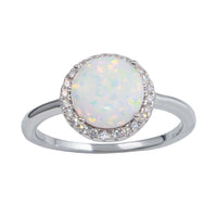 Rhodium Plated 925 Sterling Silver Round Opal Stone Ring with CZ - BGR01242
