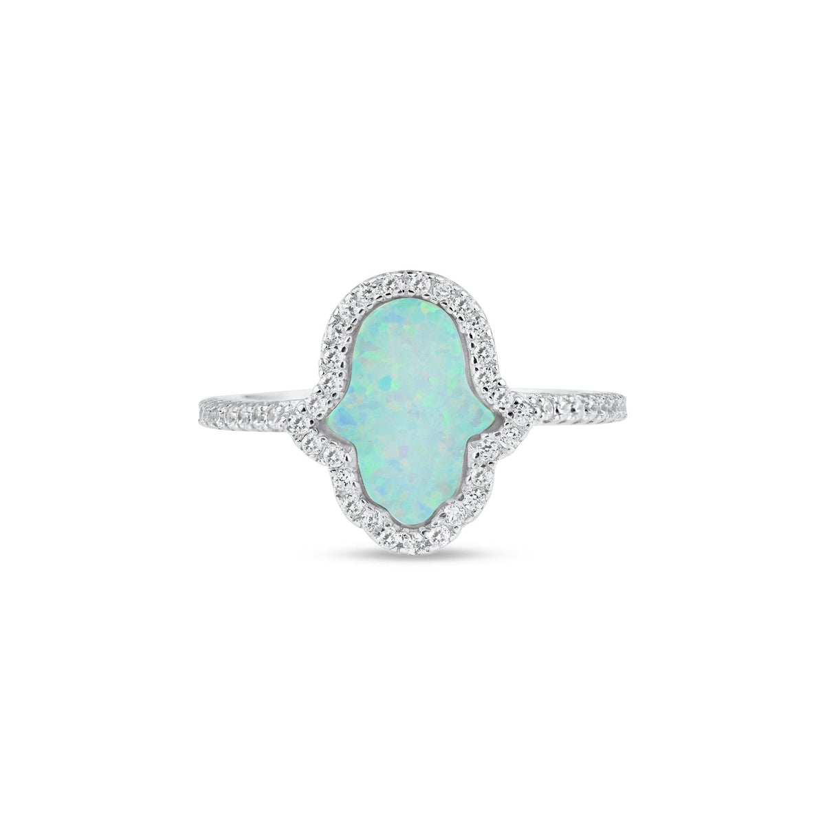 Rhodium Plated 925 Sterling Silver Hamsa Opal CZ Ring - BGR01356