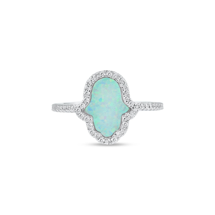 Rhodium Plated 925 Sterling Silver Hamsa Opal CZ Ring - BGR01356