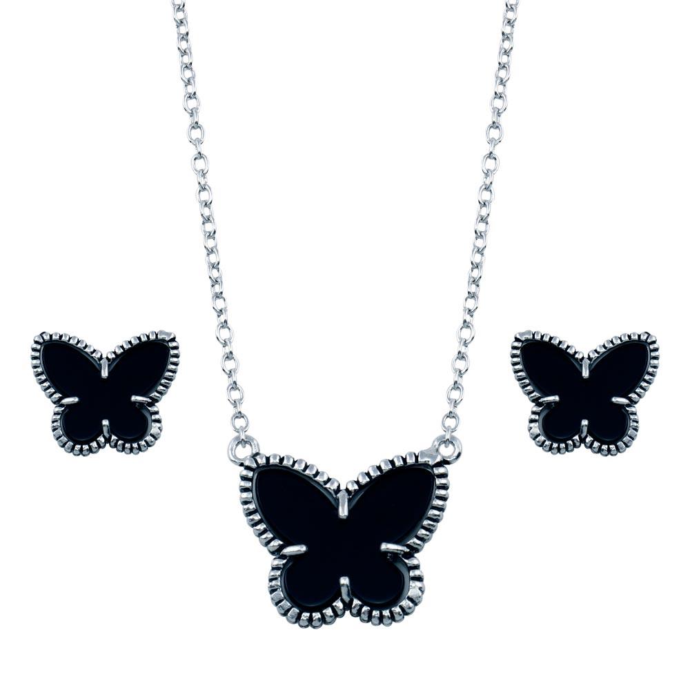 Rhodium Plated 925 Sterling Silver Black Onyx Mini Butterfly Matching Set - BGS00111
