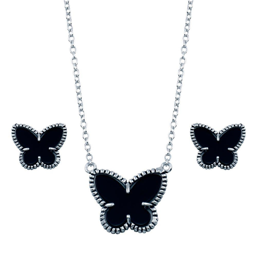 Rhodium Plated 925 Sterling Silver Black Onyx Mini Butterfly Matching Set - BGS00111