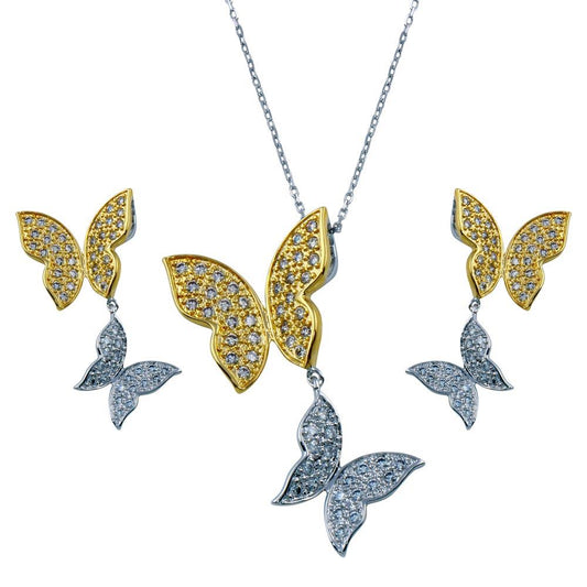 925 Sterling Silver Rhodium and Gold Plated Clear Butterfly CZ Dangling Matching Set - BGS00130