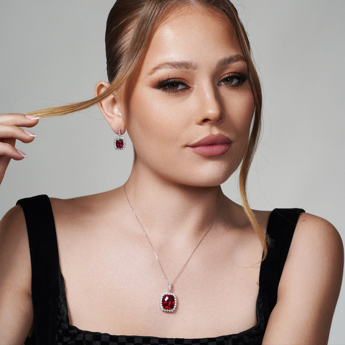 Silver 925 Rhodium Plated Birthstone and Clear Rectangular CZ Dangling Stud Earring and Dangling Necklace Set - BGS00163
