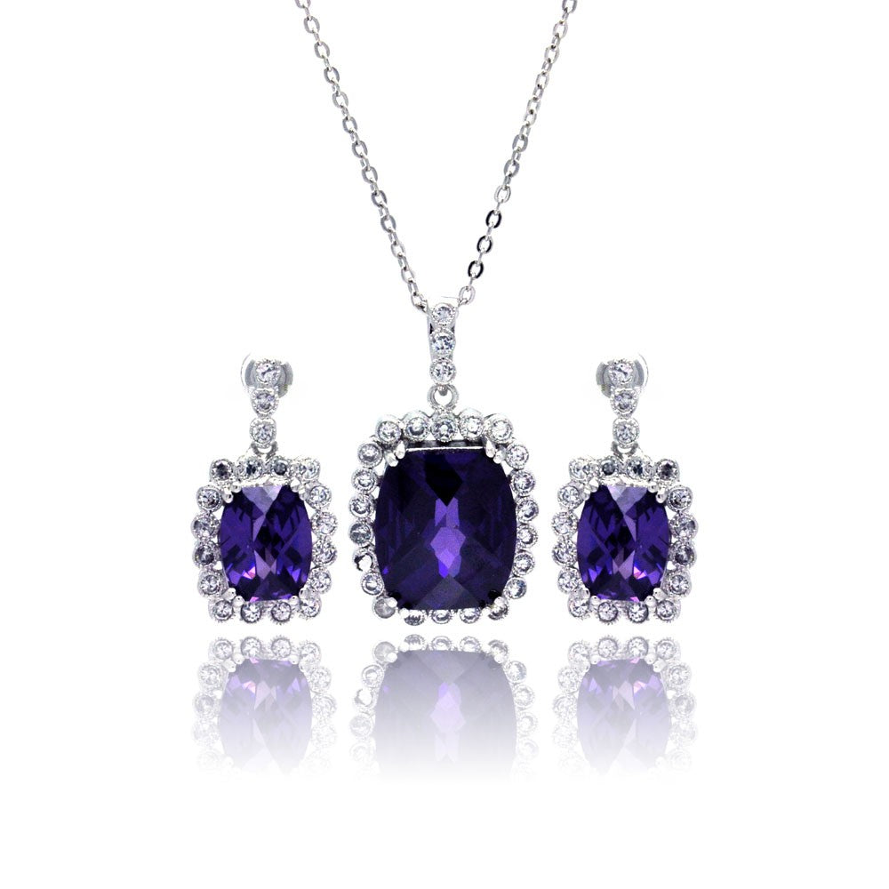Silver 925 Rhodium Plated Birthstone and Clear Rectangular CZ Dangling Stud Earring and Dangling Necklace Set - BGS00163