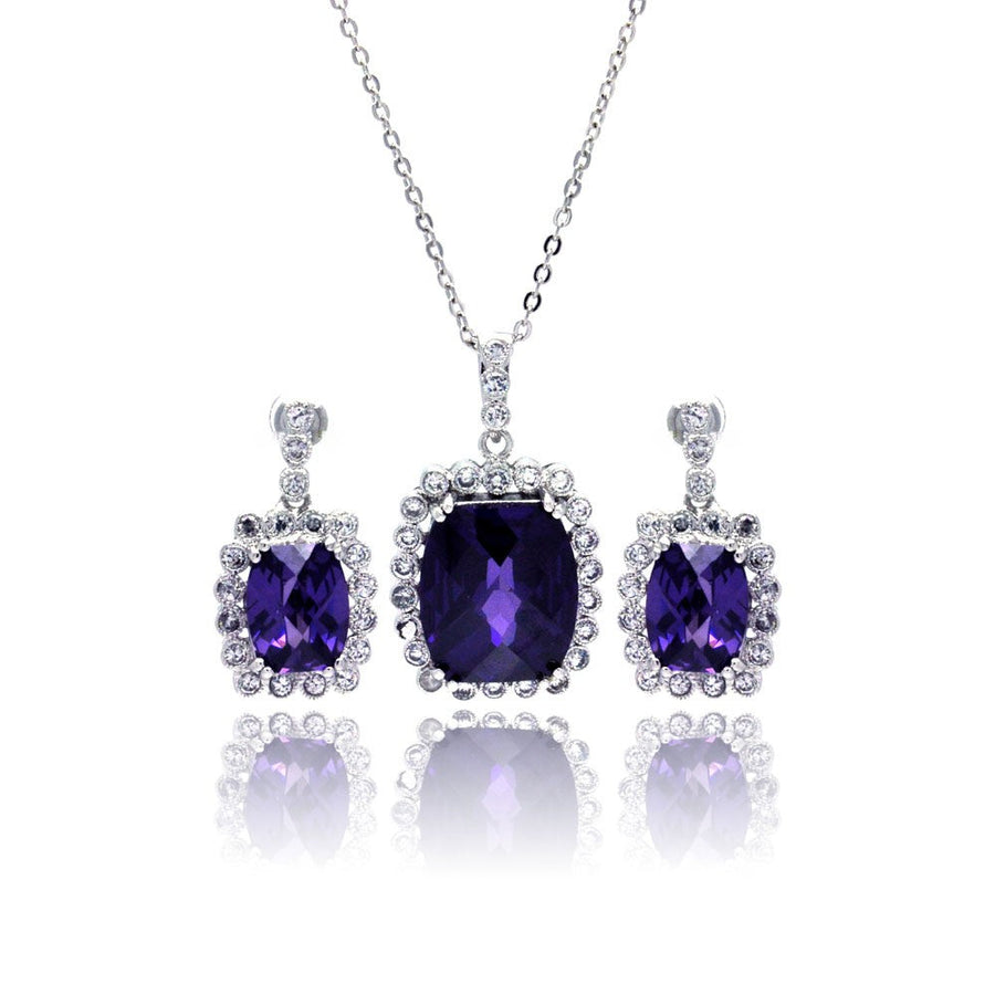 Silver 925 Rhodium Plated Birthstone and Clear Rectangular CZ Dangling Stud Earring and Dangling Necklace Set - BGS00163