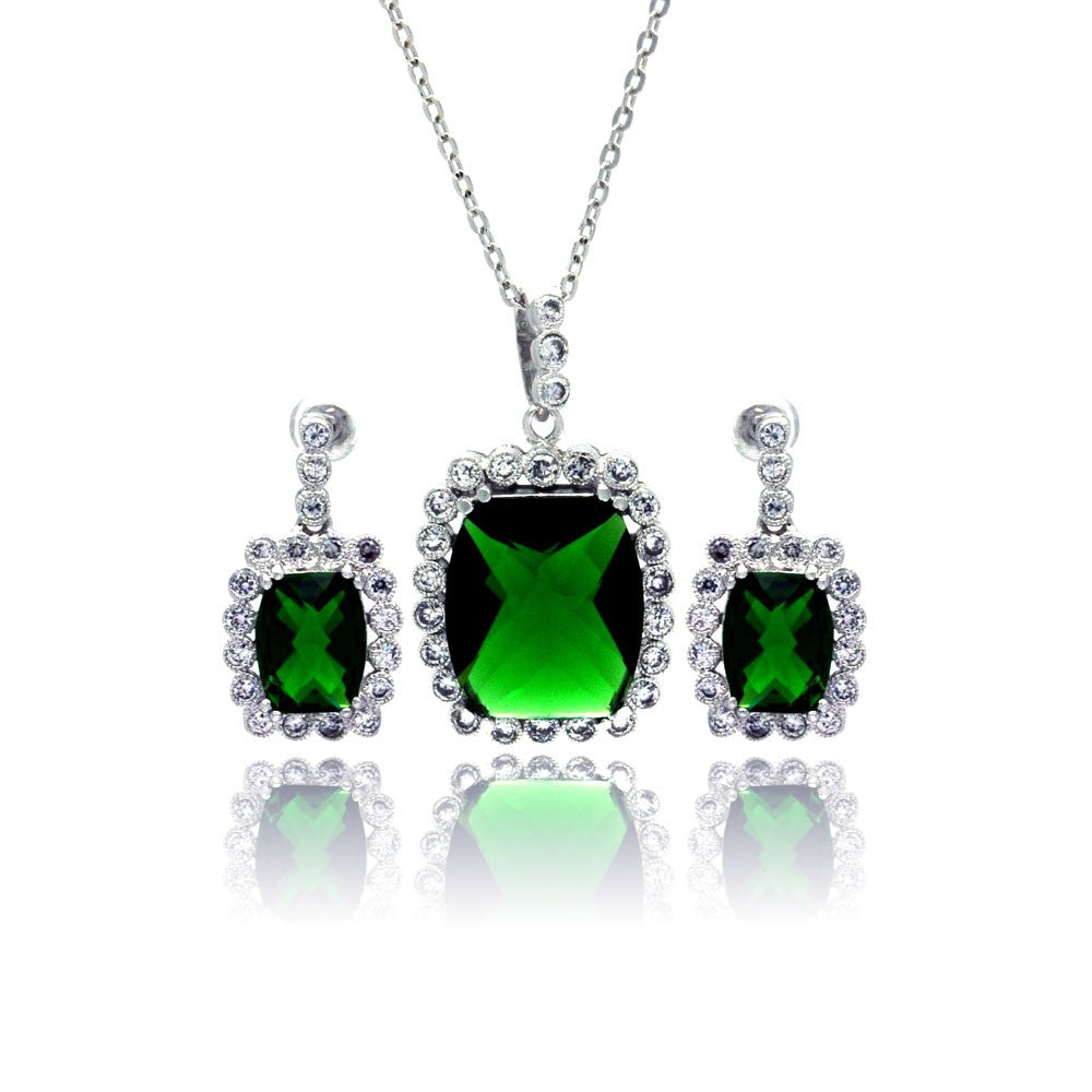 Silver 925 Rhodium Plated Birthstone and Clear Rectangular CZ Dangling Stud Earring and Dangling Necklace Set - BGS00163