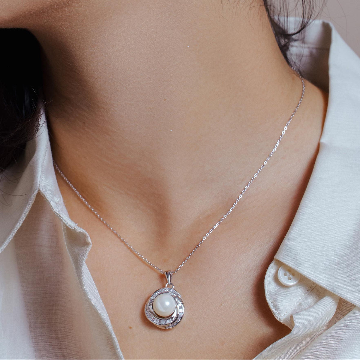 Rhodium Plated 925 Sterling Silver Clear Baguette CZ Pearl Center Stud Earring and Necklace Set - BGS00207