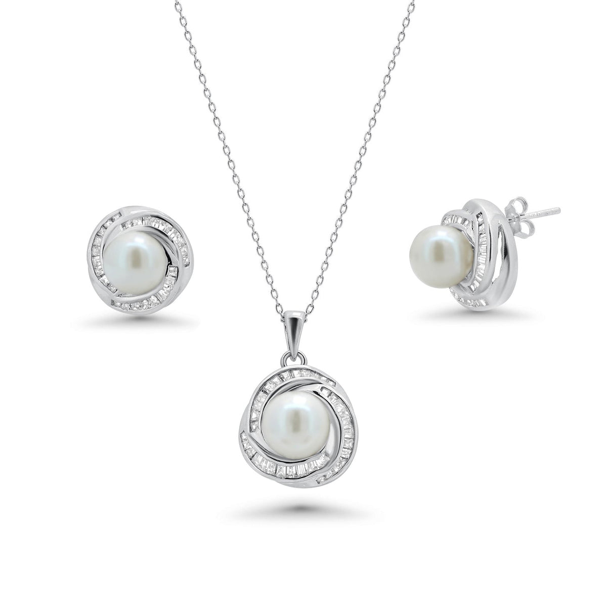 Rhodium Plated 925 Sterling Silver Clear Baguette CZ Pearl Center Stud Earring and Necklace Set - BGS00207