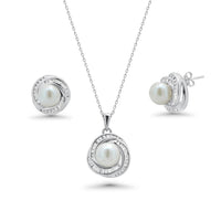 Rhodium Plated 925 Sterling Silver Clear Baguette CZ Pearl Center Stud Earring and Necklace Set - BGS00207
