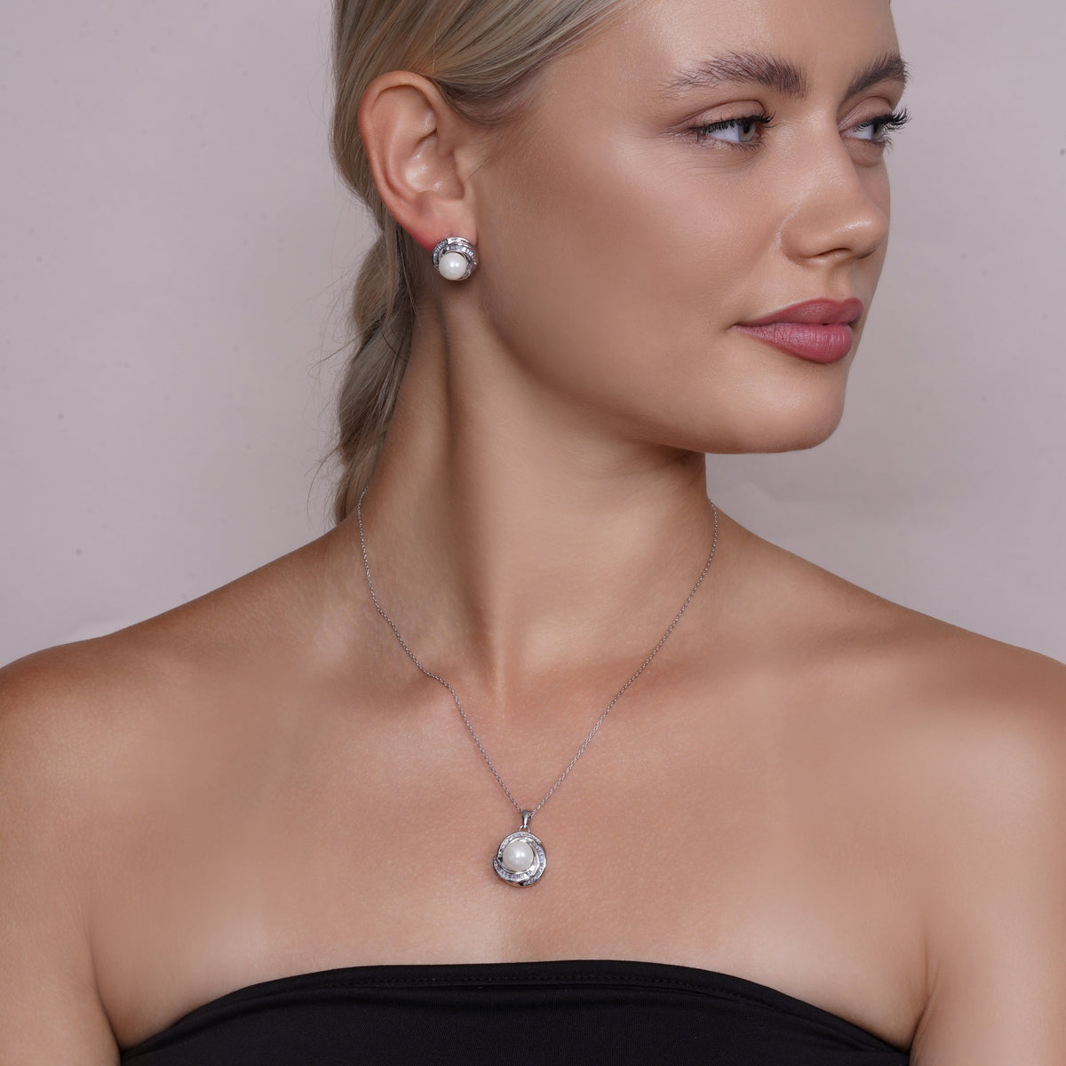 Rhodium Plated 925 Sterling Silver Clear Baguette CZ Pearl Center Stud Earring and Necklace Set - BGS00207