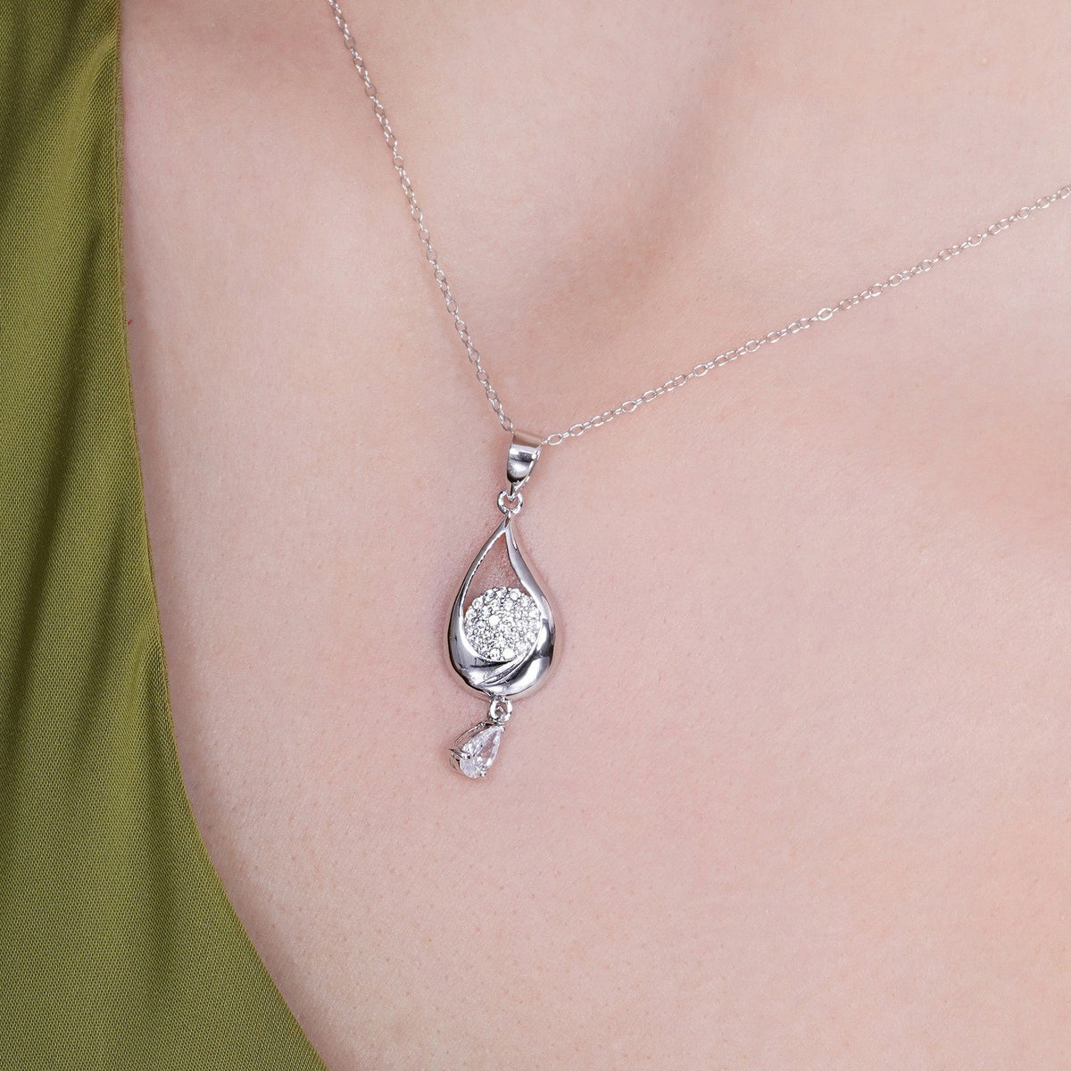 Silver 925 Rhodium Plated Teardrop Clear CZ Dangling Stud Earring and Dangling Necklace Set - BGS00210